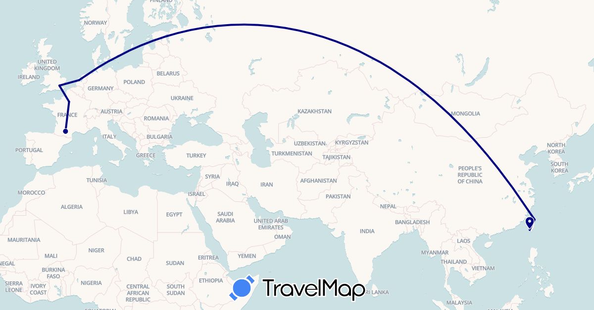 TravelMap itinerary: driving in France, United Kingdom, Netherlands, Taiwan (Asia, Europe)